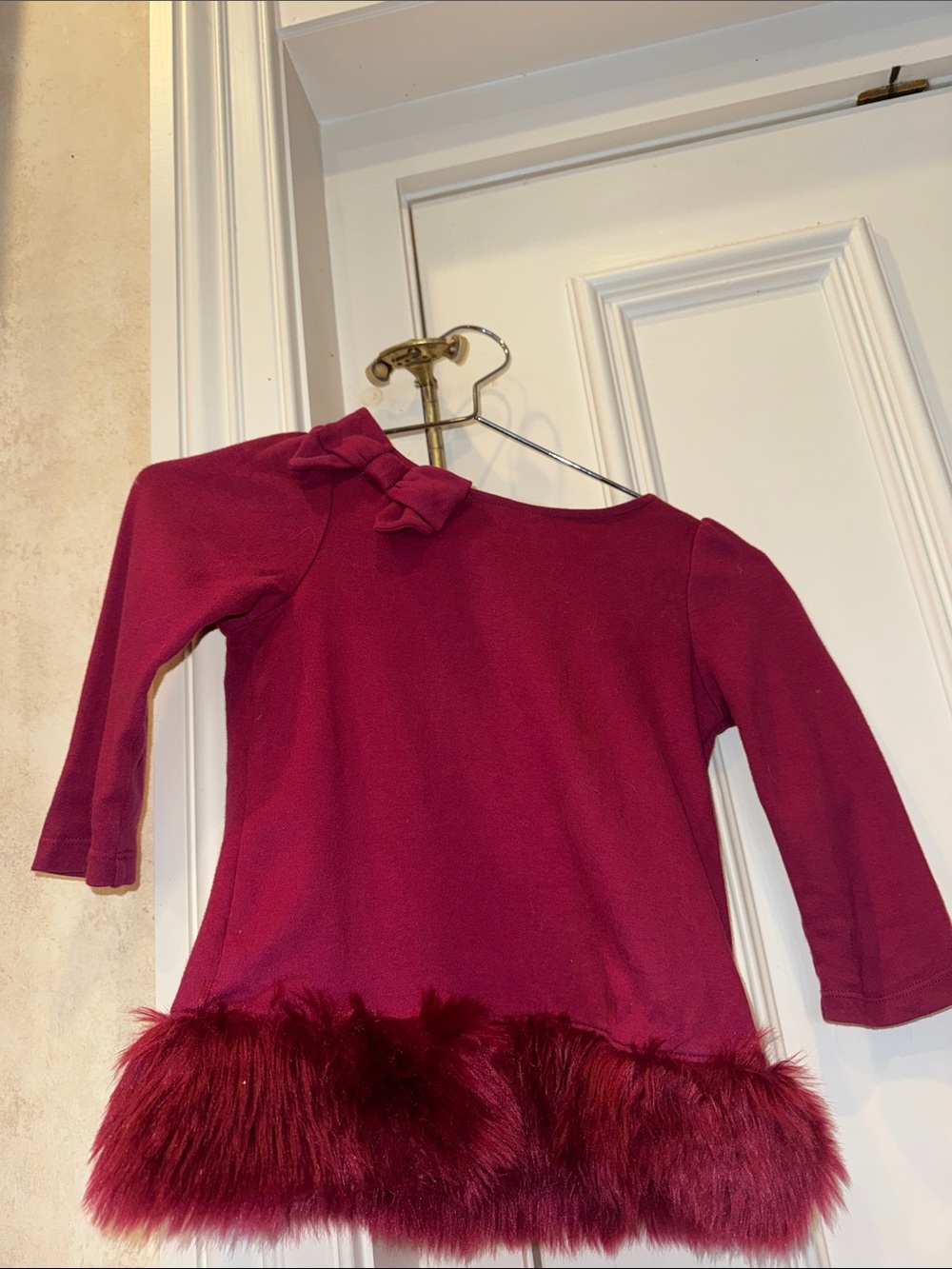 Janie and Jack Wine Faux Fur Hem Long-Sleeve Top with Shoulder Bow